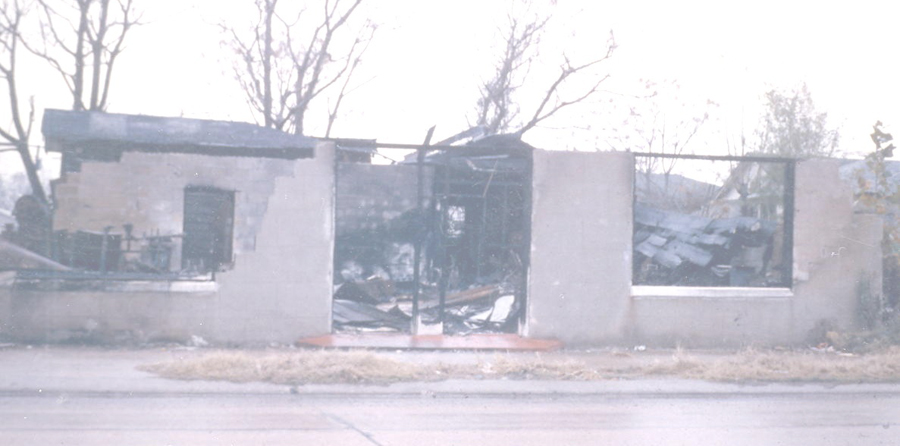 December 1964, Frank Morris's Ferriday, Louisiana shoe shop after the blaze that killed him.